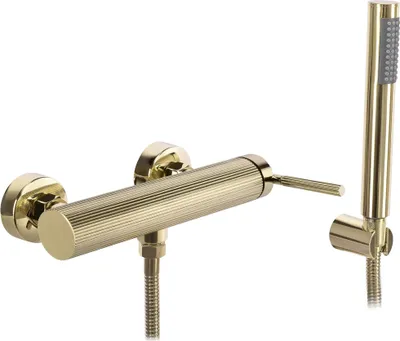 A gold-colored shower faucet with a handheld showerhead, presented against a white background.