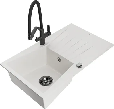 Produktbild von Mexen Cesar 1 Becken-Granitspüle mit Abtropffläche und Mischbatterie Duo, Weiß - 6514-20-671701-70-B