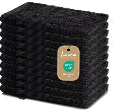 Produktbild von Lavea® 10er Set Waschhandschuh 15x21 cm – Saugstark Weich aus 100% Baumwolle, Frottierserie Elena – Waschbar und Strapazierfähig – Schwarz