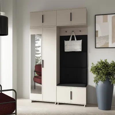 Produktbild von Garderoben-Set Napoli Version 1: Kleiderschrank mit Polsterpaneelen, Schuhschrank und Schrankaufsatz Flur und Eingangsbereich (Cashmere/Trinity 16)