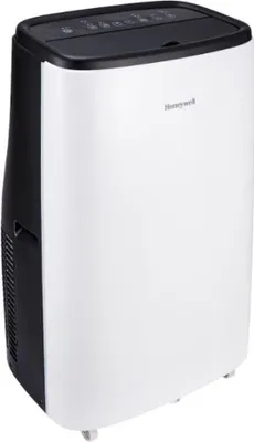 A white and black Honeywell portable air conditioner is shown from a three-quarter angle against a white background.