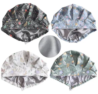 Produktbild von OP-Hauben Damen Satin-gefüttert verstellbar mit Knöpfen Schweißband Pferdeschwanz 4 Stück Blumenmuster