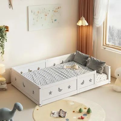 Produktbild von Kinderbett, Bodenbett – Montessori-Bett – Sicheres Schlafen – Motiv: Sterne und Mond – 140x200 cm – Weiß