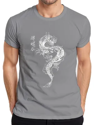 Productafbeelding van Japans draak tattoo, oosterse draak, Azië, Koi, vlam, heren T-shirt, grijs, maat L