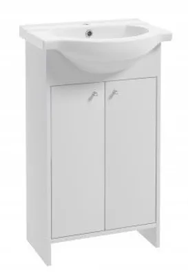 A white bathroom cabinet with a sink on top, shown against a white background.