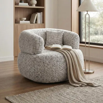 Produktbild von Drehsessel LAILA 360° drehbar - Moderner Komfortsessel Relaxsessel Lesesessel mit Chenille Bezug und Zierkissen, Drehbarer Design Sessel in Creme