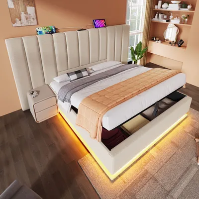 Image de OKWISH Lit coffre 180x200 cm – Éclairage LED, charge USB – Beige