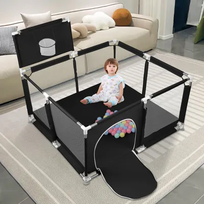 Produktbild von Laufstall Baby Aktivitätszentrum mit 50 Kugel mit Atmungsaktivem Netz an Vier Seiten und Saugnäpfen 126×126 cm Schwarz