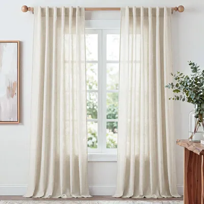 Image de Rideau voile effet lin - Semi-transparent - 140 x 225 cm - Beige clair - Lot de 2 - Voilage pour salon et chambre