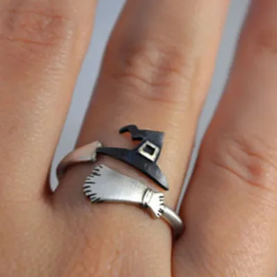 Produktbild von Halloween Hexenkappe Besen Verstellbarer offener Fingerring Damen Schmuck Geschenk