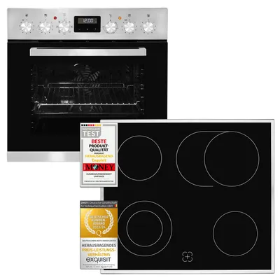 A stainless steel oven and a black glass ceramic hob are shown side-by-side, with award badges overlaid.
