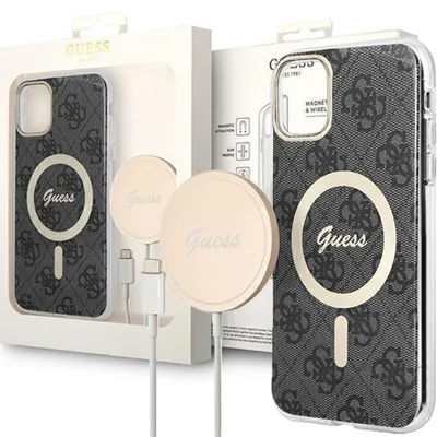 Produktbild von Guess Bundle Pack MagSafe 4G - MagSafe iPhone 11 Hülle + Ladegerät-Set (Schwarz/Gold)