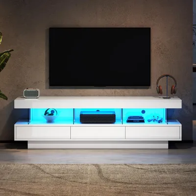 Produktbild von Parrot Uncle weißer Hochglanz-TV-Schrank, LED-Beleuchtung, App-Steuerung, für 70-Zoll-TV, TV-Ständer, Smart TV-Schrank, 160*38*50.5cm