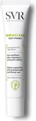 A white tube of SVR Sebiaclear Mat+Pores mattifying moisturizer against a white background.