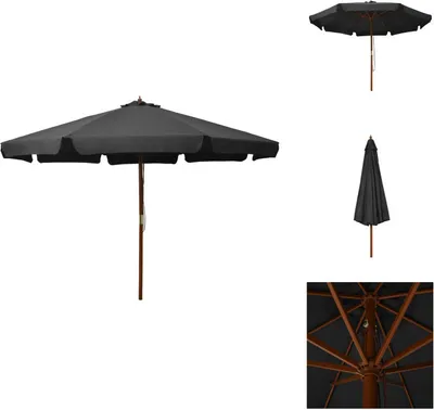 A black patio umbrella with a wooden pole is shown from multiple angles against a white background.