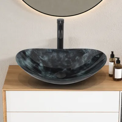 Produktbild von Puluomis Aufsatzwaschbecken aus Glas, Schwarz, Oval, 53x35x15.5cm, inklusive Wasserhahn (Drahtziehverfahren) und Ablaufgarnitur, mit großem Überlauf