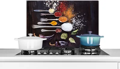Produktbild von KitchenYeah® Spritzschutz Küche - Küchenrückwand - Wandschutz für Herd und Spüle - Kräuter - Löffel - Gewürze - Industrie 70x50 - Alu-Dibond (Alternative zum Spritzschutz aus Glas) - Hitzebeständig -
