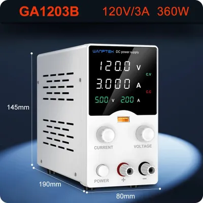 Image de Alimentation de laboratoire DC - GA1203B 0–120V 3A - Tension et courant réglables - 1 canal de sortie - Port de charge rapide USB - Affichage numérique - Réglage fin par encodeur