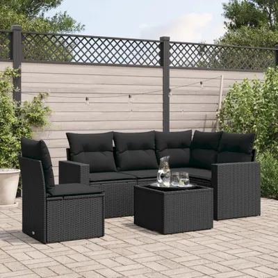 Produktbild von Design 6-tlg. Garten-Sofagarnitur mit Kissen Schwarz Poly Rattan, Gartensofas 2024