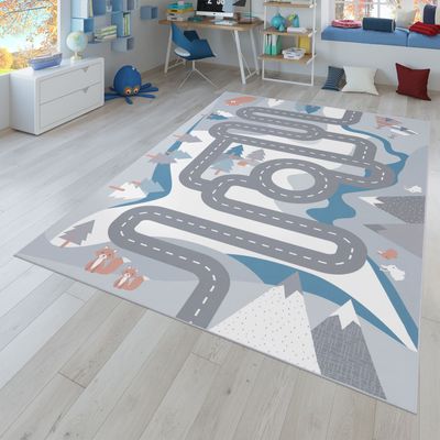 TT Home Kinder-Teppich, Spiel-Teppich Für Kinderzimmer Straßen-Motiv Mit Tieren Creme Größe 140x200 cm