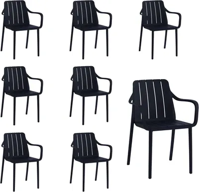 Produktbild von VORTIVO Gartenstuhl 8er Set Schwarz – stapelbar, wetterfest, UV-beständig & bis 200 kg. Für Balkon, Terrasse, Garten & Esszimmer.