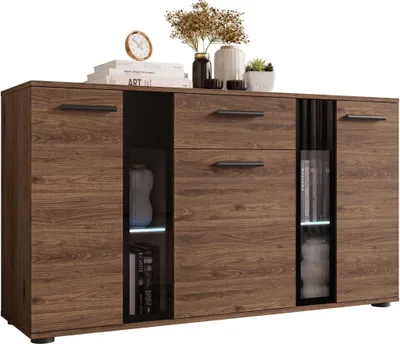 Produktbild von MIRJAN24 Kombikommode Salsa, Kommode mit 3 Türen und Schublade, Fronten teilweise aus gehärtetem Glas (Farbe: Nuss Okapi, mit blauer LED Beleuchtung)