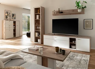 Produktbild von Wohnmöbel Set in Eiche und weiß modern mit Couchtisch, 5-teilig - SAGUNTO-05