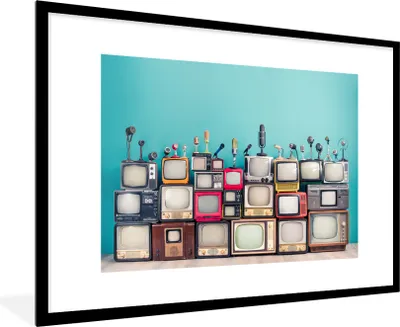 Produktbild von MuchoWow® MuchoWow® Gerahmtes Poster Fernsehen - Mikrofon - Vintage 90x60 cm - Poster mit zchwarzem Bilderrahmen - Wanddekoration - Fotos