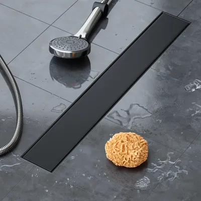 Produktbild von VILSTEIN Duschrinne Schwarz, Siphon mit Geruchsstop und Haarsieb, Randablauf, Edelstahl Ablaufrinne, Bodenablauf, Duschablauf sehr flach, Komplettset mit Bodenbefestigung, 90cm