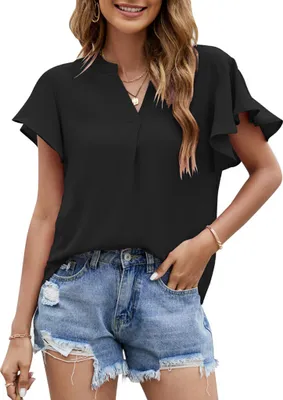 Image de ASKSA Chemisier Femme Mousseline Elégant Col en V Ruffles Eté Manches Courtes Tops Tunique Casual, Noir, M