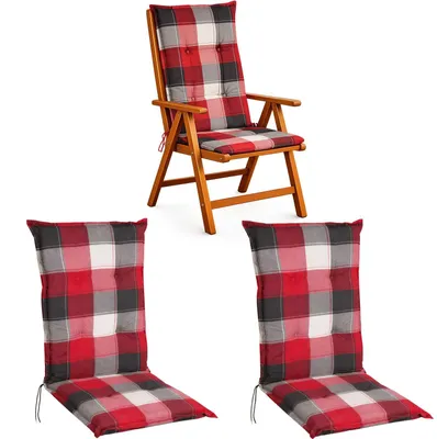 Produktbild von BURI 2x Hochlehner Auflage 120x50x5,5 cm - wetterfeste Gartenstuhlauflage mit Schaumkern & Vollvlies, Halteband & Bindebänder, bequemes Stuhlpolster für Balkon, Terrasse & Garten (Rot/Grau Kariert)
