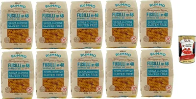 Produktbild von Rummo Pasta Nudeln Glutenfreie Fusilli N° 48, Bronze Gezeichnete gluteinfrei, perfekt für Menschen mit Zöliakie oder Glutenunverträglichkeit, 10x 400 g + Italian Gourmet polpa 400g