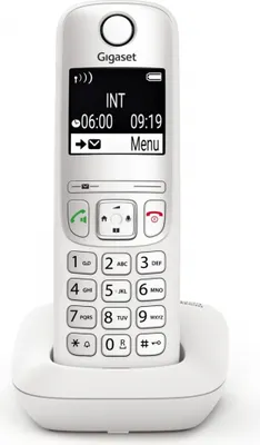 A white Gigaset cordless phone is shown in its charging cradle against a white background.