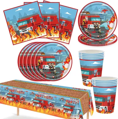 Imagen del producto de Set de vajilla de papel con motivos de bomberos, incluye: 10 platos, 10 vasos, 20 servilletas, 1 mantel, ideal para fiestas de cumpleaños infantiles