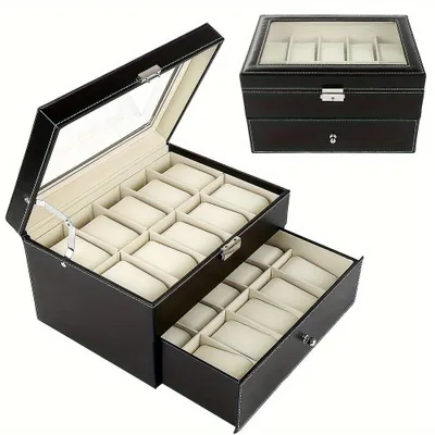 Produktbild von Uhrenbox – Uhrenkasten – Uhrenaufbewahrungsbox – Schmuckschatulle – 20 Fächer – Kunstleder mit Schloss
