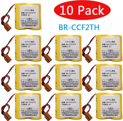 A collection of 10 yellow batteries with black and red wires and brown connectors, arranged in rows on a white background. Text overlays indicate '10 Pack' and the product model 'BR-CCF2TH'.