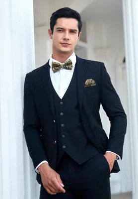 Imagen del producto de Corbata de moño preformada, de un solo color, ajustable, con pañuelo de bolsillo, dorada, de doble capa, para ocasiones especiales