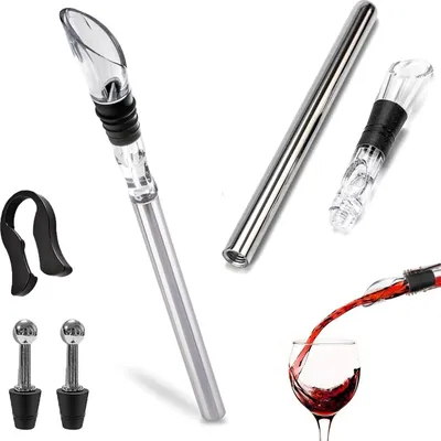 Produktbild von Weinkühler Set Weinkühlstab Set, Edelstahl Weinkühler Stab inkl 2 Kühlstäben + 2 Ausgießer + 2 Flaschenverschluss + 1 Folienschneider, Ideales Weinzubehör Geschenk für Weinliebhaber