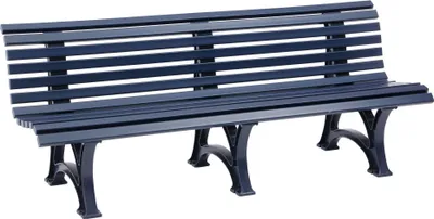A dark blue park bench is shown against a white background.