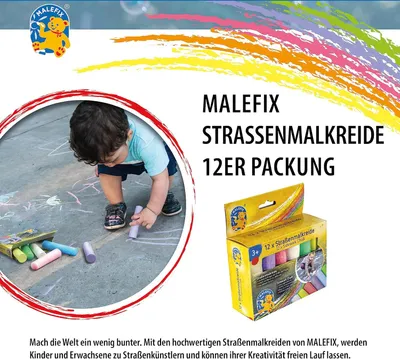 Obrázok produktu pre Pustefix MALEFIX pouličné kriedy 12 balení I kriedy pre deti a dospelých I rôzne farby I jasné a silné I vysokokvalitné kriedy rozpustné vo vode I na použitie na ulici a na dvore
