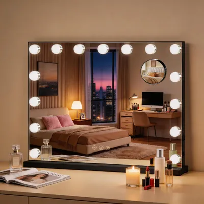 Image de Puluomis miroir cosmétique Hollywood 58x45cm, miroir de maquillage avec éclairage, 15 LED 3 couleurs gradable avec USB, 10 fois plus grand, miroir mural noir