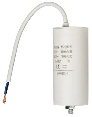 A white cylindrical capacitor with wires attached, isolated on a white background.