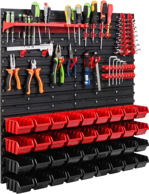 Obrázek produktu pro Skladovací systém Dílenské regály | 78 x 78 cm | 36 ks. Box | Nástěnný regál s držáky na nářadí a stohovatelnými boxy – Nástěnné desky Extra silné regály s výsuvnými přihrádkami Nástěnná deska s otvory pro nářadí Skladovací regál Garážový regál