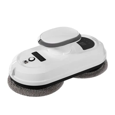 A white robotic window cleaner with gray cleaning pads is shown against a white background.