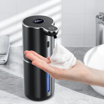 Produktbild von Automatischer Seifenspender 380ml mit digitaler Anzeige, berührungslos, USB wiederaufladbar, IPX5 wasserdicht, Schwarz