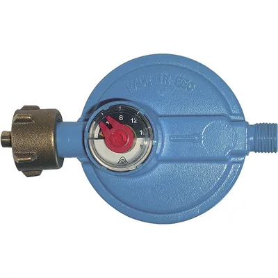 A close-up, studio shot of a blue gas regulator.