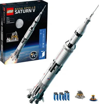 Produktbild von LEGO 92176 Ideas NASA Apollo Saturn V Weltraumrakete und Fahrzeuge, Raumschiff Bauset für Sammler, mit Displayständer