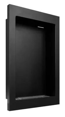 A black, rectangular recessed shelf or niche, likely for a fireplace insert or storage.