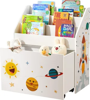 A white children's bookshelf and toy storage unit with a space theme, featuring books and stuffed animals.