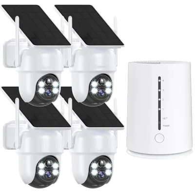 Produktbild von 4MP Überwachungskamera Aussen Solar Akku 4er Set mit HomeBase 360° Schwenk mit 2K Farb-Nachtsicht 365Tage mit Solarpanel Kabellos Kamera Überwachung